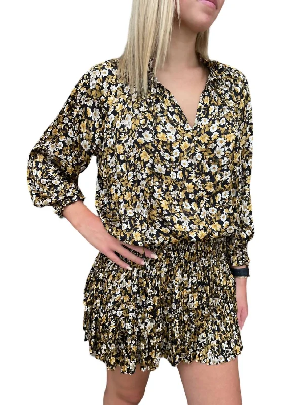 Big Savings On Minimalist Office Styles Floral Pleated Mini Dress In Black/yellow