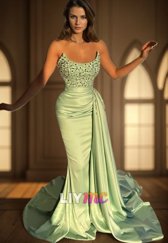 Limited Styles LP2283 - Scoop Sleeveless Beaded Pleated Bodycon Mermaid Prom Dress