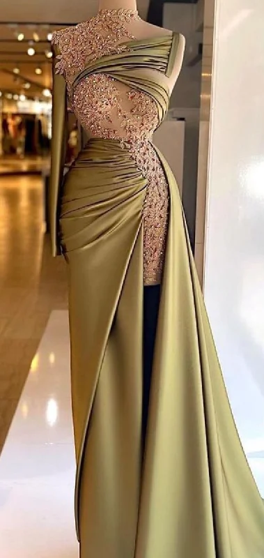 Parisian Effortless Chic Style One Sleeve Mermaid Olive Green Satin Long Prom Dress Charming Evening Dress Y520