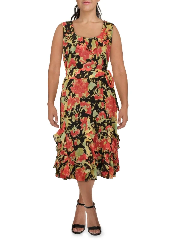 Chic Outfits Plus Womens Chiffon Floral Midi Dress