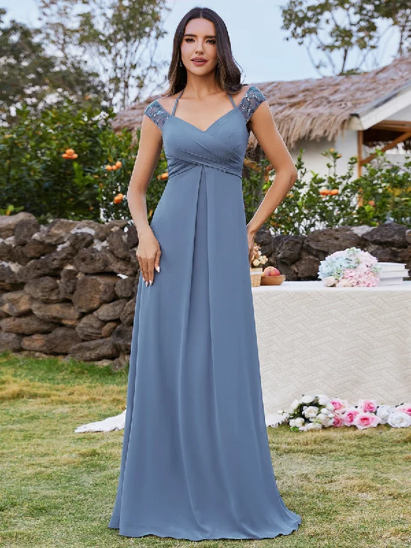 Feminine Soft - Hued Styles Exquisite Bandage Off Shoulder Spaghetti Strap Evening Chiffon Bridesmaid Dresses with Asymmetrical Embroidery