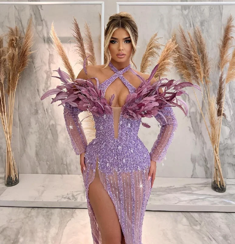 Disco - Inspired Retro Dance Look X-Straps Purple Feathered Gown