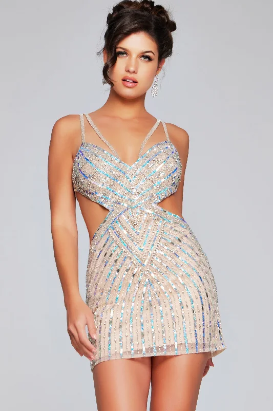 Coastal Beach - Inspired Style Sequin Short Sleeveless Cutout Dress by Jovani 400610