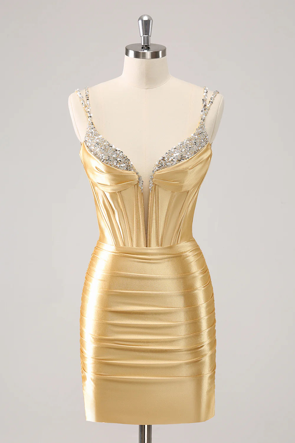 Parisian Effortless Chic Style Amzcw Gorgeous Golden Bodycon Corset Short Metallic Homecoming Dress with Sequins