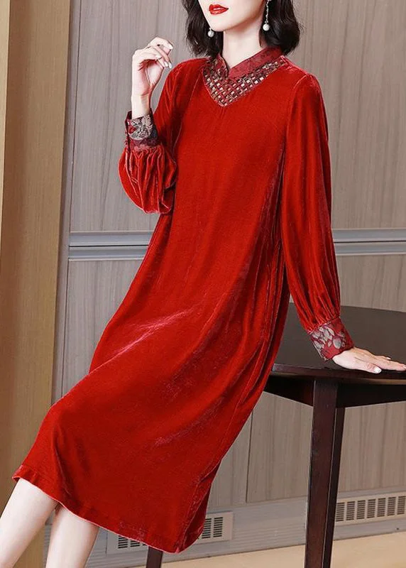 Fashion For Every Occasion New Red Lace Up Hollow Out Silk Velour Long Dress Long Sleeve