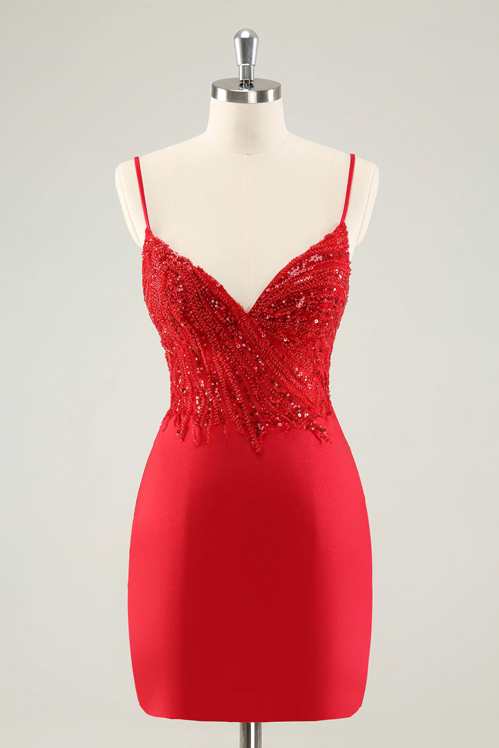 Tropical Island - Inspired Attire Amzcw Gorgeous Red Bodycon Spaghetti Straps Short Homecoming Dress with Sequins