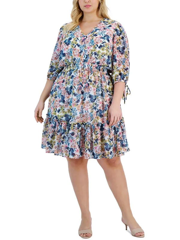 Winter Warm - Up Sale Plus Womens Knee Length Floral Print Fit & Flare Dress