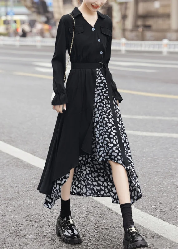 Fashion Sale New Black Asymmetrical Tie Waist Patchwork Chiffon Dress Long Sleeve