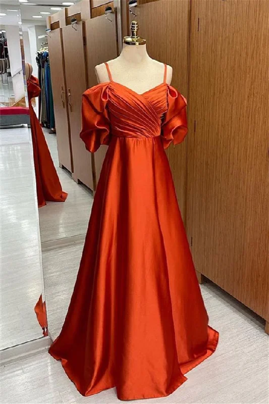 Cool Prices Rust Orange Off-the-Shoulder Straps Pleated Satin Long Prom Dress Y6332