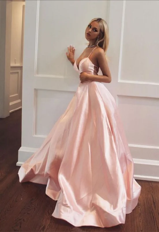 Anniversary Sale Elegant Pink Sleeveless Satin Long Prom Dress,Modest V Neck Pink Evening Dress Y1075