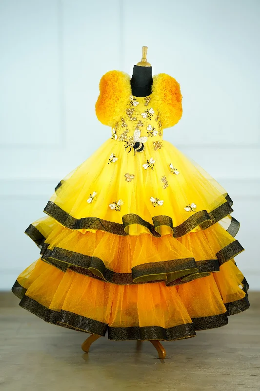 Fashion-Forward Pre-Order: Yellow Color  Gradient Netted Ball Frill Sleeve Full gown with handcrafted honeybee theme  bead embellishments and a black ruffled border