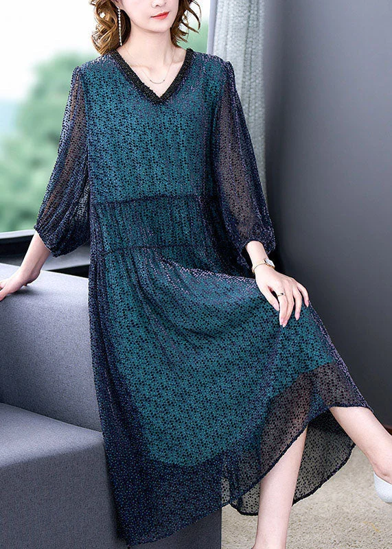 Beat The Heat In Tropical Styles Elegant Blue V Neck Wrinkled Patchwork Silk Dress Long sleeve