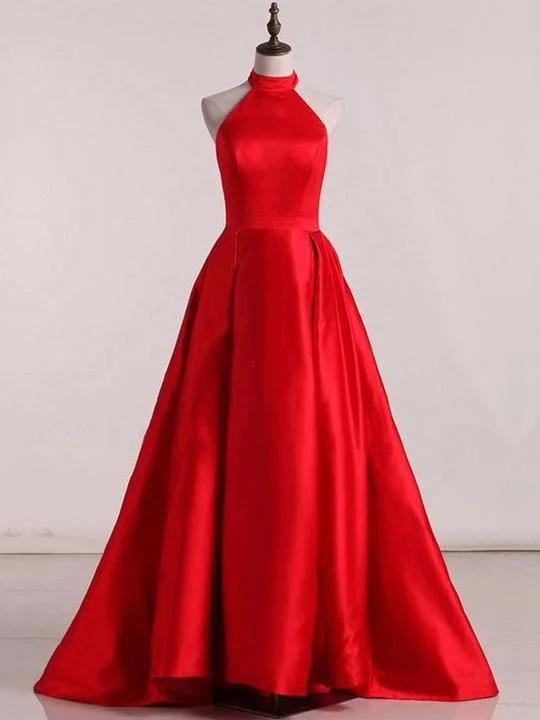 Fashion Deal Sleeveless Halter Open Back Prom Dresses,A Line Satin Evening Dresses Y941