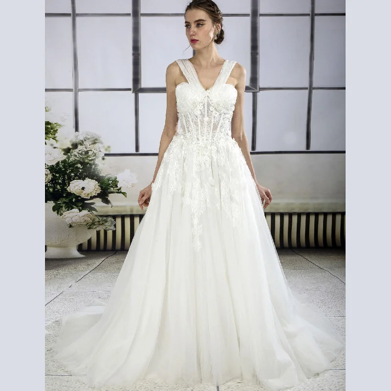 Fashion-Forward Outfits Sheer Bodice A-line Tulle Lace Bridal Wedding Dress with Tank Strap