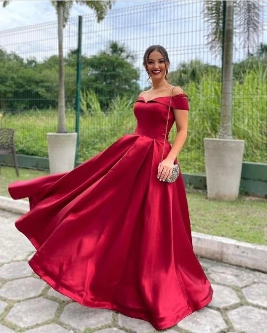 Limited Quantities A-line Off the Shoulder Red Satin Simple Prom Dress  Y5138