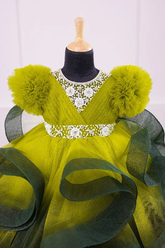 Limited - Time Bundle Pre-Order: Olive green and dark green twirled gown with rich white bead work gown