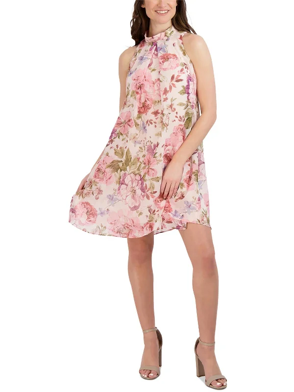 Rustic Countryside Charm Look Womens Floral Mini Halter Dress