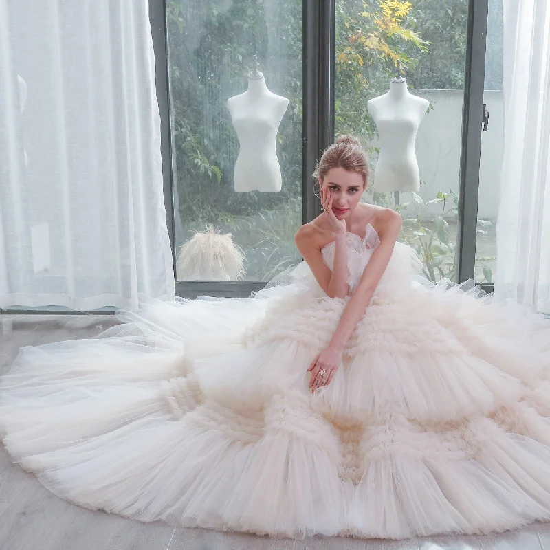 Limited Quantities Romantic Tiered Tulle Ballgown Wedding Dress with Long Train