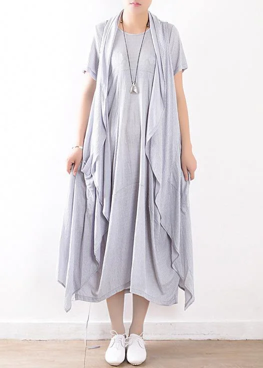 Holiday Sale women cotton blended light blue striped long dress with sleeveless coats