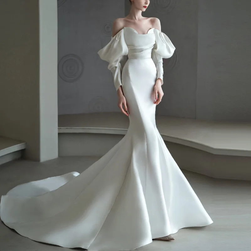 Summer Essentials Satin Mermaid & Trumpet Wedding Dresses with Detachable Sleeve