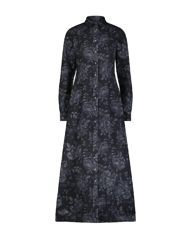 Limited - Stock Women's Floral Printed Denim Long Sleeve Dress In Navy