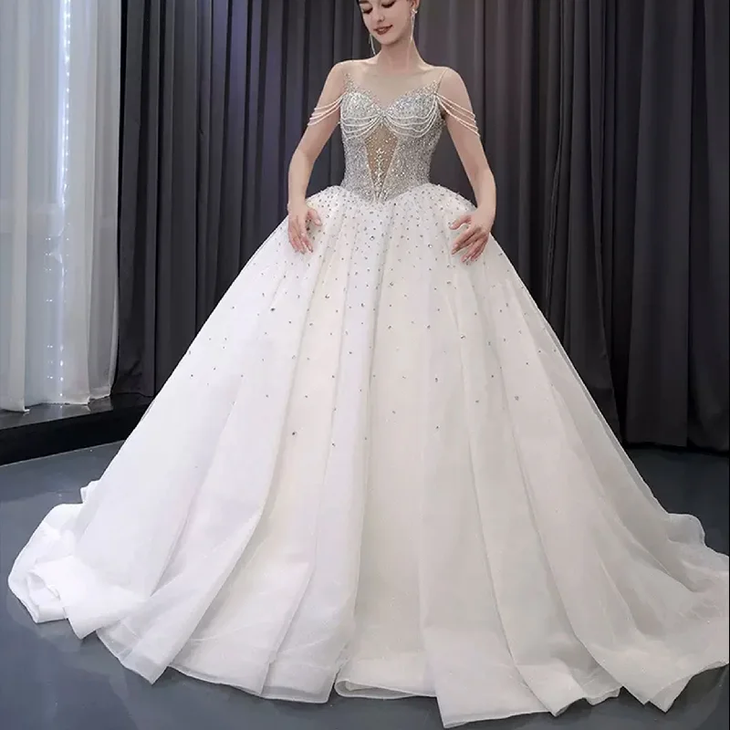 Disco - Inspired Retro Dance Look Sheer Square Collar Elegant Bridal Ball Gown Wedding Dress