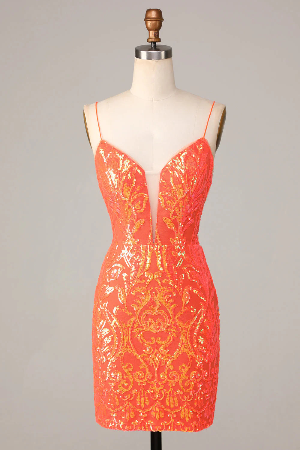 Limited Time Deal Amzcw Sparkly Orange Bodycon Spaghetti Straps Sequins Short Homecoming Dress