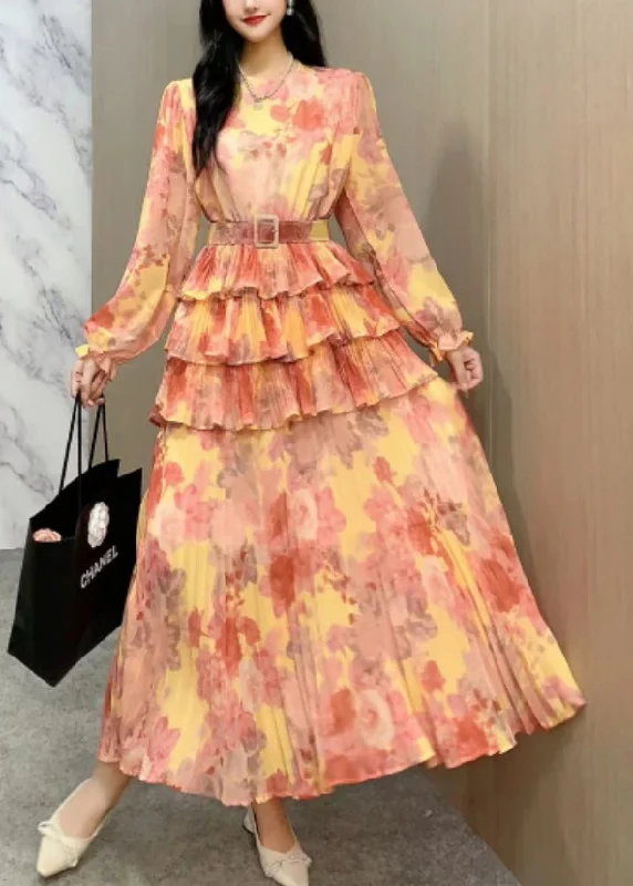 Coastal Beach - Inspired Style Style Orange Ruffled Patchwork Tie Waist Chiffon Dresses Long Sleeve