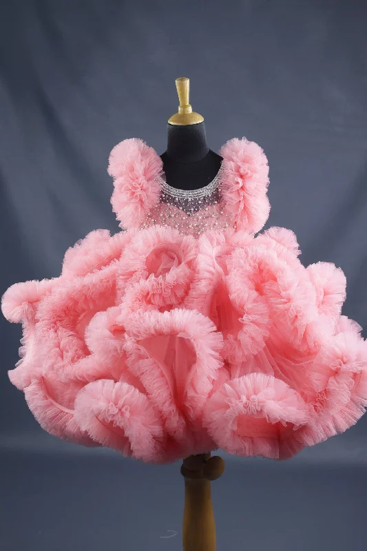 Limited - Edition Drops Pre-Order:  Peach Netted Frilled Fluffy Gown With White Crystal and Beads Work