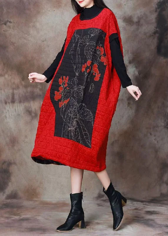 Exclusive Sale Plus Size Red Print Patchwork Cotton Filled Dresses Long Sleeve