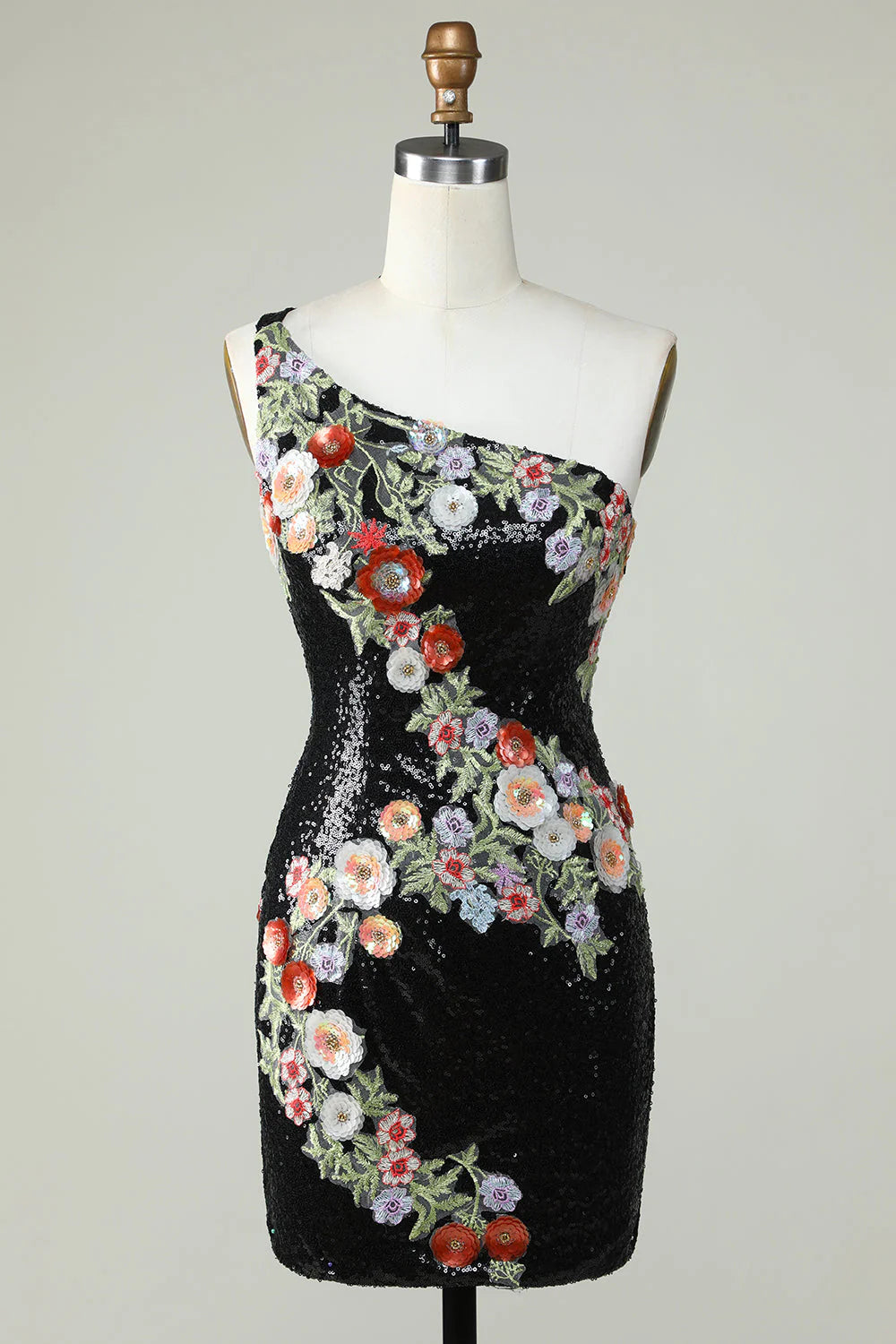 Today Only Amzcw Bodycon One Shoulder Black Sequin Beading Homecoming Dress with 3d Flowers