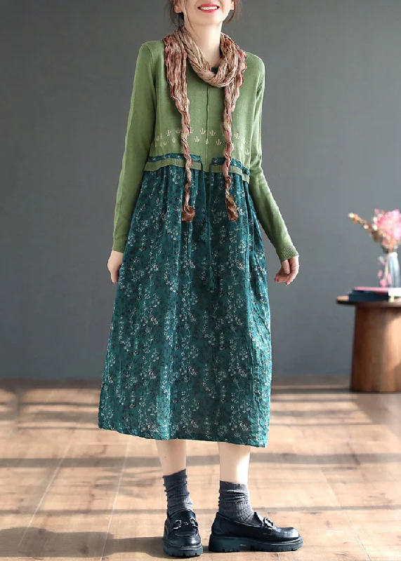 Limited Time Deal Green Lace Up Patchwork Knitting Dress O Neck Long Sleeve