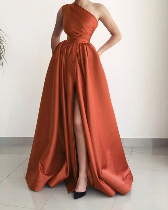 Great Prices On Feminine Styles One Shoulder Evening Dresses Satin Split Formal Party Gown with Split Y5494