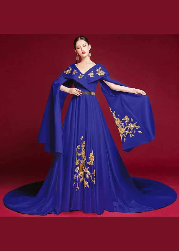 Exclusive Sale Retro Blue V Neck Embroidered Patchwork Silk Dresses Long Sleeve