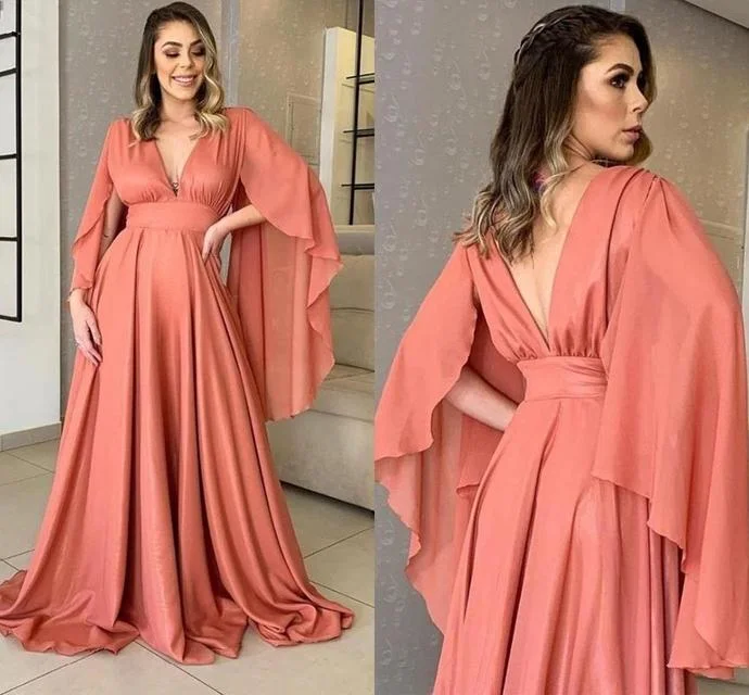 Disco - Inspired Retro Dance Look Coral Long Sleeve Evening Dresses 2021 Large Size V Neck A Line Chiffon Formal Party Gowns Backless Women Prom Dress   cg13406