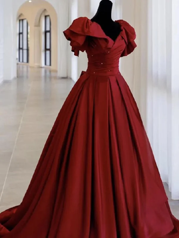 Clearance Event A line Burgundy satin long prom dress evening dress Y1183