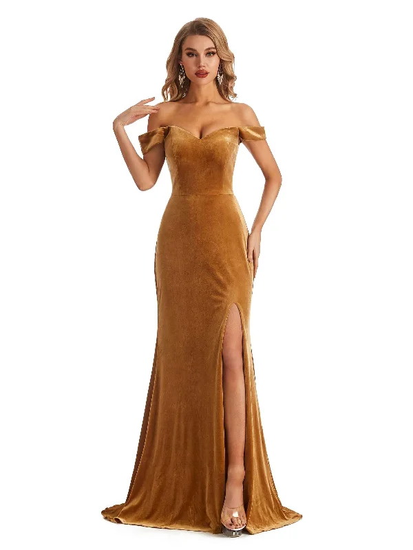 Limited Styles Elegant Mermaid Off the Shoulder Side Slit Velvet Long Wedding Guest Dresses