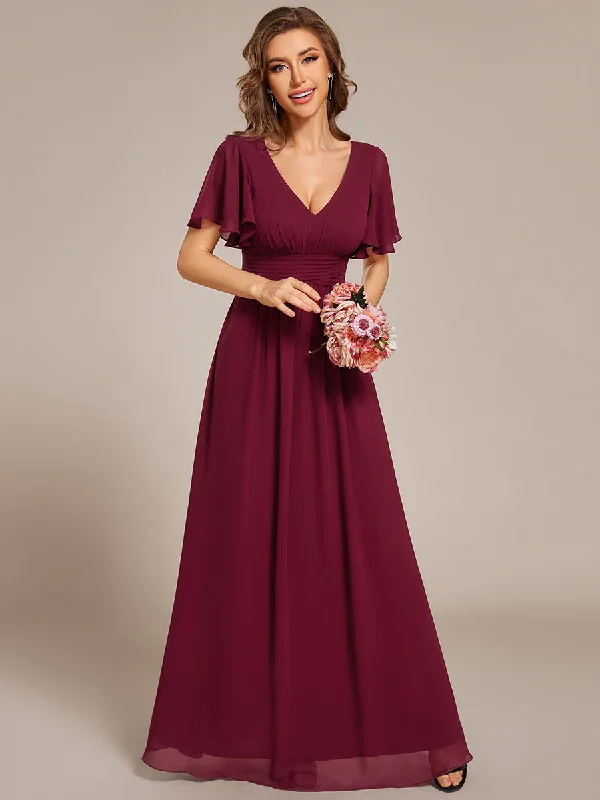 Last Chance Sale Ruffles Sleeves Chiffon Bridesmaid Dresses with Back Frenulum Knotting