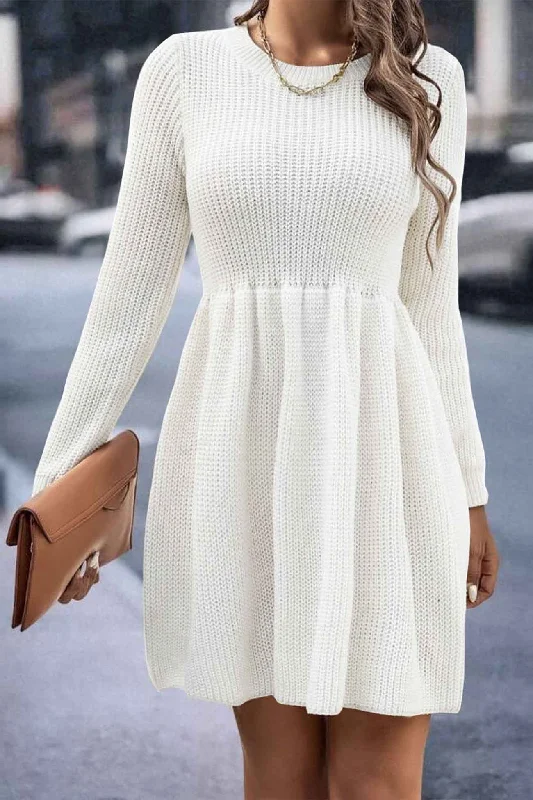 Season Sale Solid Color Shirring Long Sleeve Knitted Dress