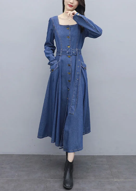 Huge Savings On Parisian Styles Italian Blue Solid Square Collar Button Pockets Sashes Cotton Denim Long Dresses Long Sleeve