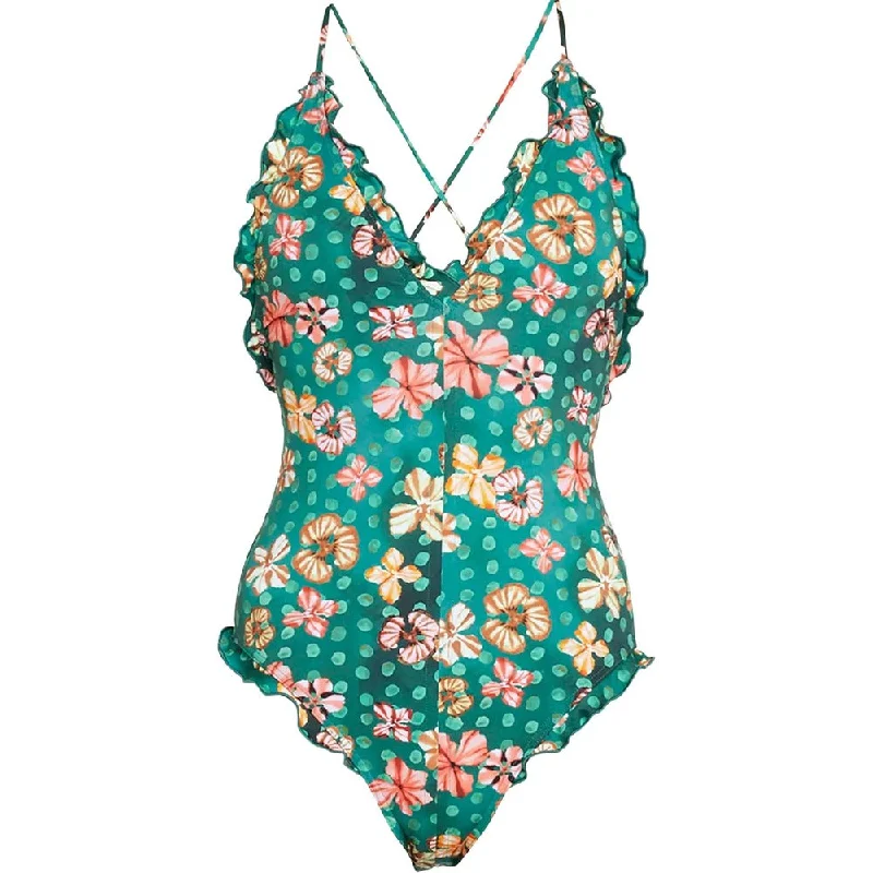 Nordic Minimalist Home Look Ulla Johnson Women's Giordana Maillot Green Floral One Piece Swimsuit with Ruffl