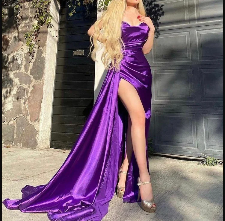 Fashion Forward Sexy Purple Mermaid Satin Long Prom Dresses Side Slit Long Evening Dress Y1923