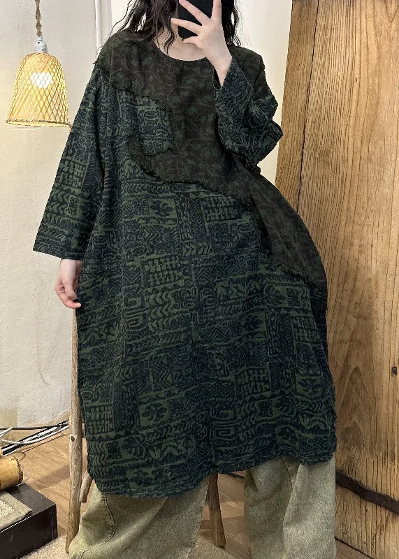 Flash Sale Retro Green Patchwork Print Long Dress Long Sleeve