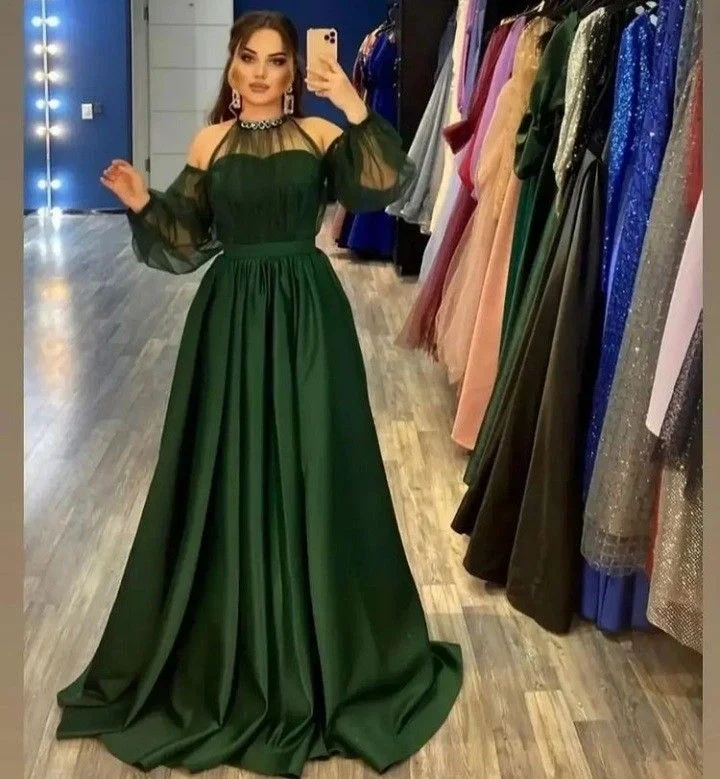 Chic Outfits Charming New Arrival Halter Long Sleeves Green Satin A-line Long Evening Party Prom Dresses Y5576