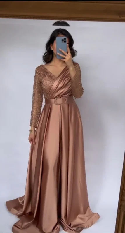 Trend Alert Charming A-line Satin Evening Dress With Long Sleeves,Fashion Evening Gown   Y4992