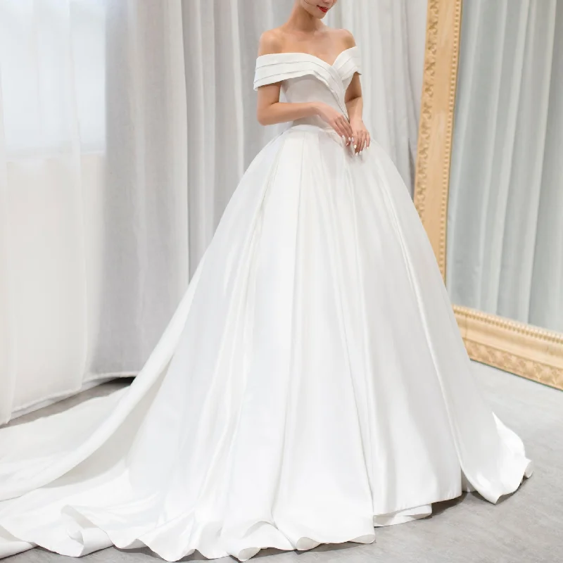 Big Savings On Minimalist Office Styles Off the Shoulder Ball Gown Simple Satin Wedding Dress