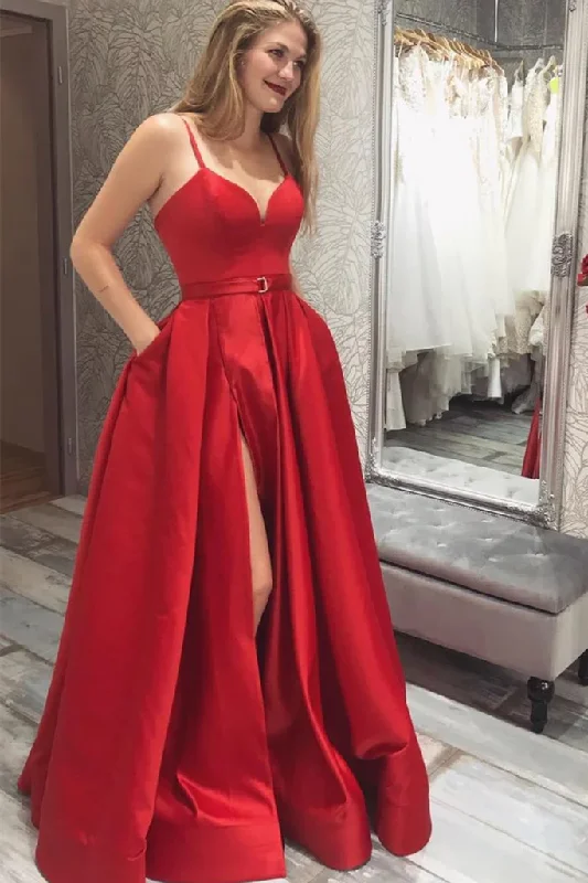 Huge Savings On Parisian Styles Simple V Neck Red Satin Long Prom Dress with High Slit, V Neck Red Formal Graduation Evening Dress Y220