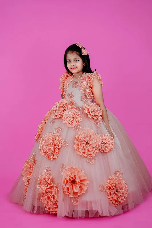 Trendy Styles Pre-Order: Peach Colour Couture Party Gown With Hand Crafted Flower Details & Maple Leaf Applique