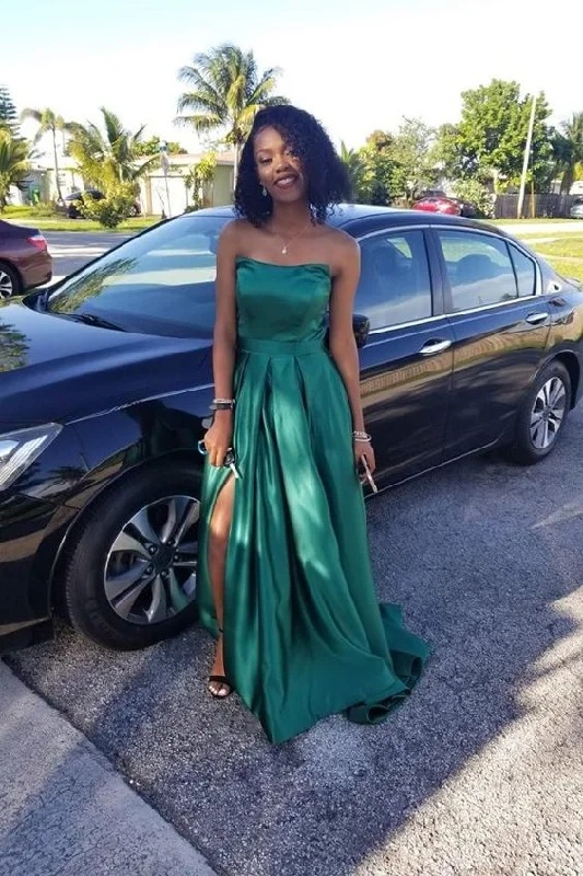 Season Sale Hunter Green Satin Prom Dresses,Strapless Maxi Long Dress with Side Slit  Y6290