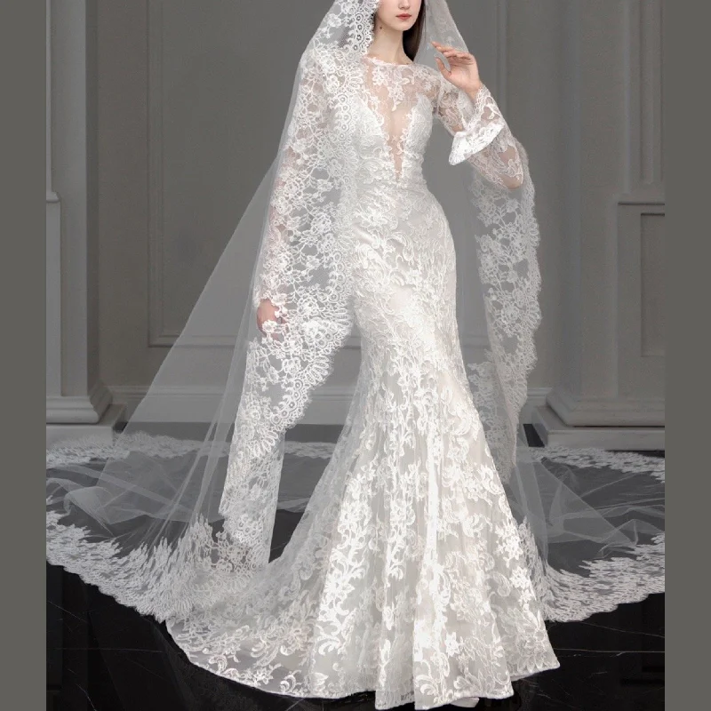 Fashion Forward Mermaid Lace Wedding Dresses with Long Sheer Sleeves